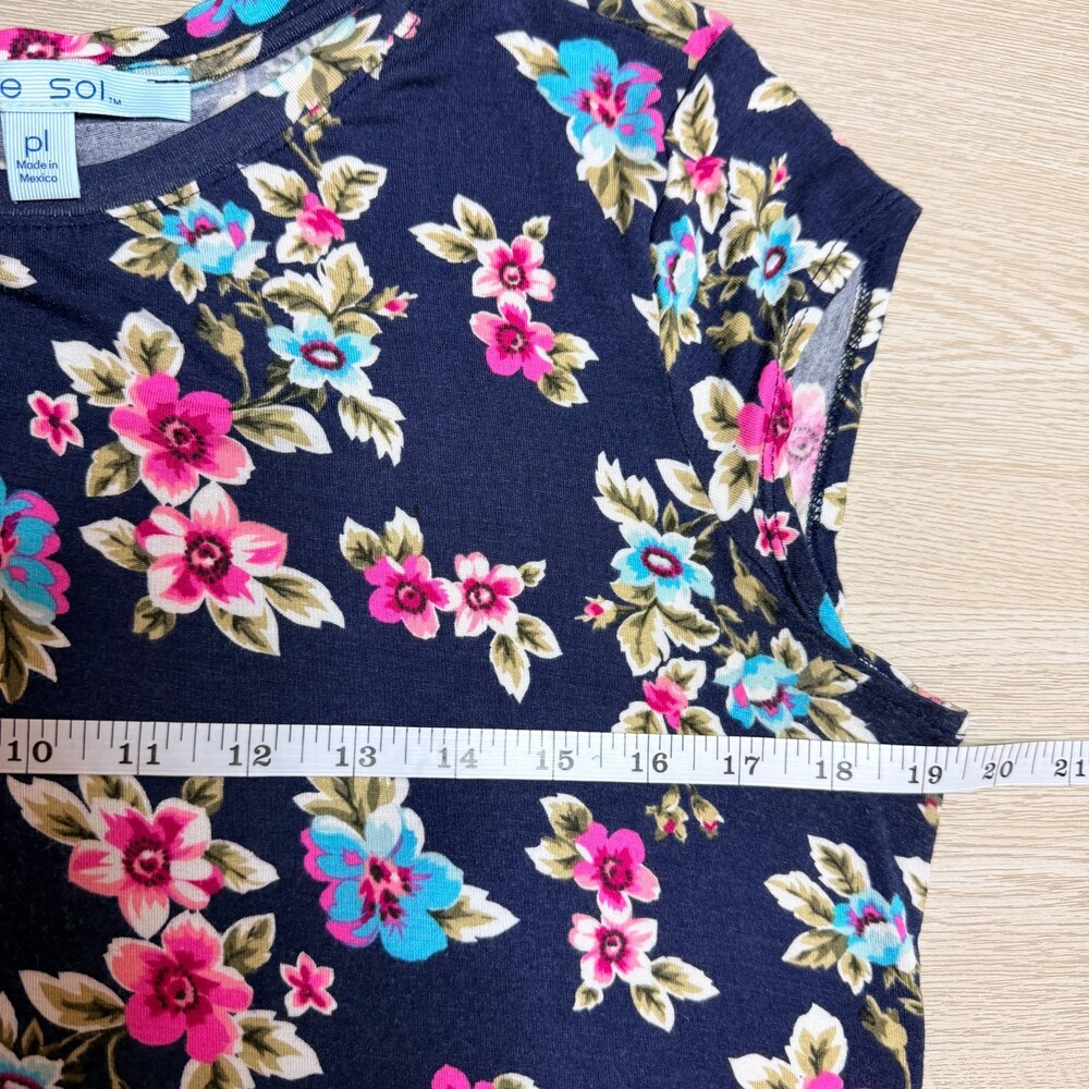 Blue Sol Tee Shirt Women's PL Navy Pink Blue Floral Cap Sleeve Crew Neck - Picture 6 of 8